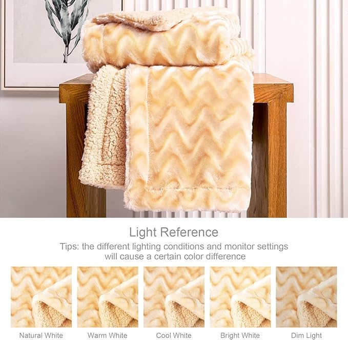 Whale Flotilla Faux Fur Sherpa Throw Blanket for Couch Sofa, Cozy Reversible Fuzzy Fluffy Plush Throws for All Season, Warm and Soft, 50x60 Inch, Light Gold