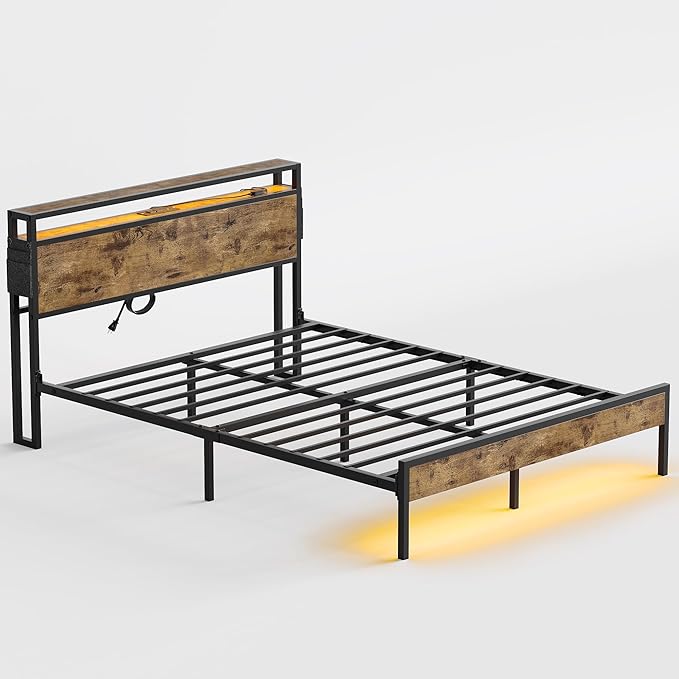 Bestier Queen Size Bed Frame with Headboard, Dual LED Platform Bed Frame with Charging Station, Non-Slip Metal Bed Frame, Noise-Free, Easy Assembly