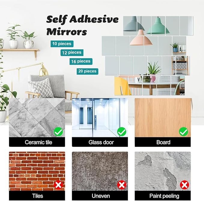 12" x 12" Acrylic Flexible Mirror Sheets, 8 Pack Self Adhesive Mirror Tiles Square Cuttable Mirrors Wall Stickers, Non-Glass Plastic Mirrors Stickers Safety Reflective for DIY Craft Home Wall Decor