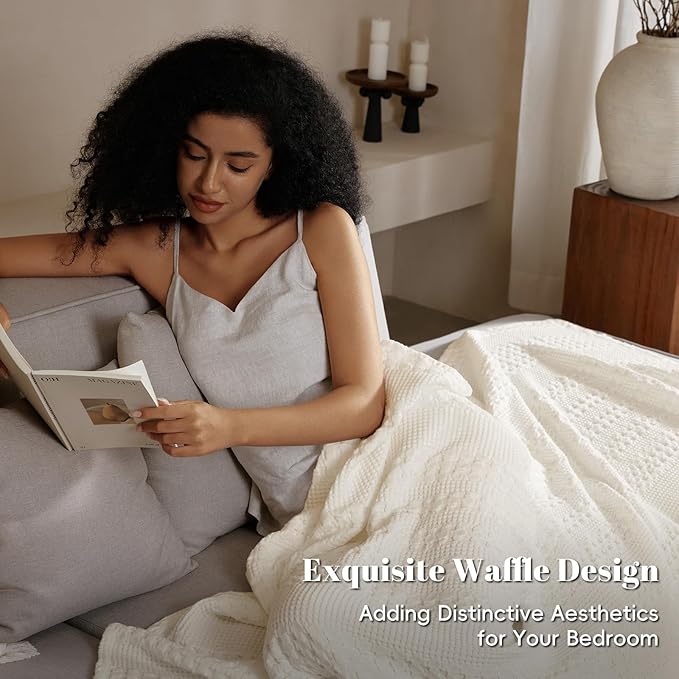 PHF 100% Cotton Waffle Weave Blanket Queen Size for Bed, Soft Lightweight & Breathable for Spring and Summer, All-Season Comfort, Luxury Aesthetic Blanket for Home Decor, 90"x90", Ivory