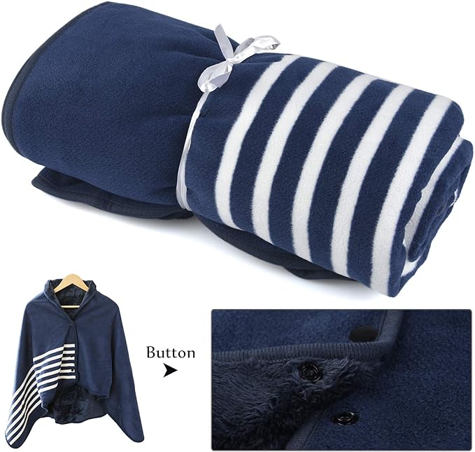 forestfish Fleece Wearable Blanket, Plaid Lap Blanket Comfy Poncho Throw with Buttons for Bed Sofa Office, Blue-White