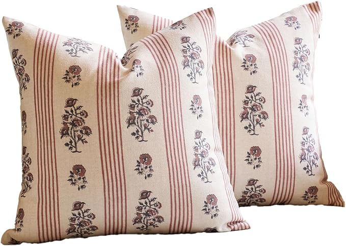 Amor Virisso Floral Throw Pillow Covers 20x20 Set of 2 Block Print Pillow Covers Neutral Floral Striped Farmhouse Decorative Pillow Covers for Sofa Couch Bed, Red