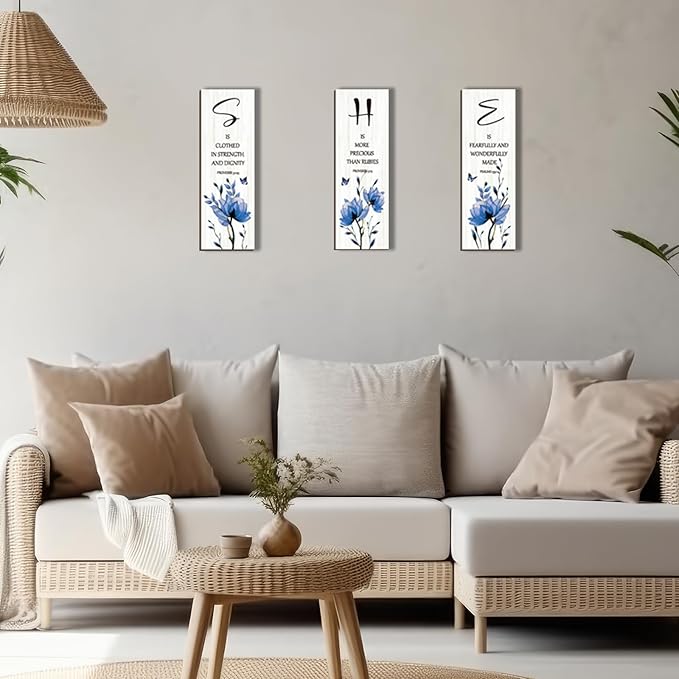 DONFENTHY 3 Pieces Inspirational Blue Floral Wall Decor Wooden Hanging Wall Art Christian Quotes SHE Word Sign Gift for Girl Teen Women Bedroom Bathroom Living Room Nursery Office (Blue 12x4 Inch)
