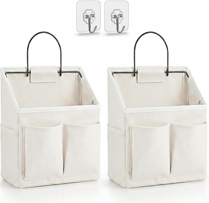 2pcs Wall Hanging Organizer Bag, Linen Fabric Door Hanging Storage Basket with Pockets, Waterproof Bin for Kitchen, Bedroom, Office, RV Camper (White-Upgraded)