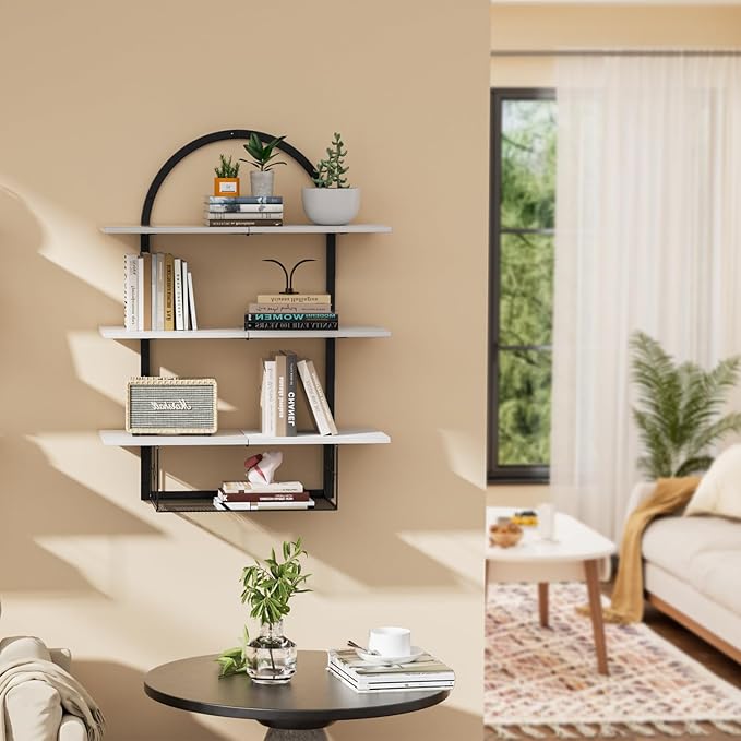 Floating Shelf for Wall- 31.5"x 24" 3+1 Tier White Bathroom Floating Shelves with Basket for Bathroom, Living Room,Bedroom and Kitchen