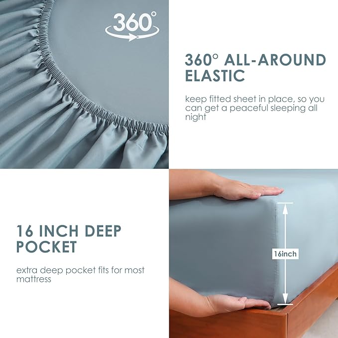 JSD Blue King Sheet Set with Side Pocket Corner Straps, 4 Piece Soft Microfiber Bed Sheets Extra Deep Pocket