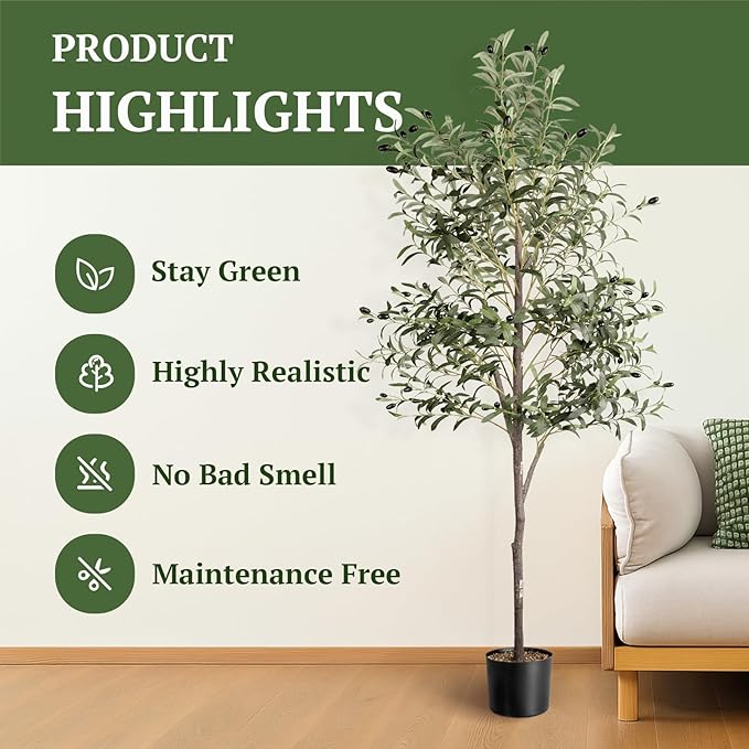 Waterproof Artificial Olive Tree, 5.5 FT Tall Faux Olive Tree for Home Indoor Decor, Floor Plant with Textured Leaves Fruits, Realistic Wood-Grain Trunk, Fake Plant for Living Room Bedroom Office