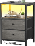 BOLUO Gray Nightstand with Charging Station, LED Night Stand with 2 Fabric Drawers, Bedside Table with USB Ports and Outlets, Nightstand for Bedroom Modern