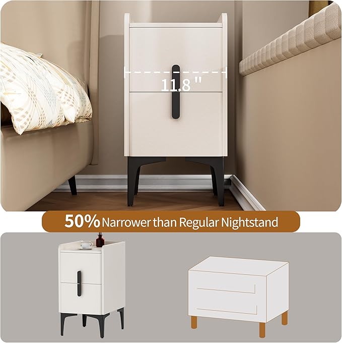 VICITON Narrow Nightstand with 2 Drawers, Narrow Side Table Leather Surface, Slim Bedside Table for Bedrooms, Dormitories, Living Rooms (Cream White, 15.7" D x 11.8" W x 22.4" H)