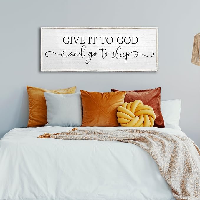 Give It To God And Go To Sleep Wall Decor Sign 32"X12" Master Bedroom Above Bed Wood Framed Farmhouse Rustic Large Over Bed Wall Art Hanging Decoration (White)