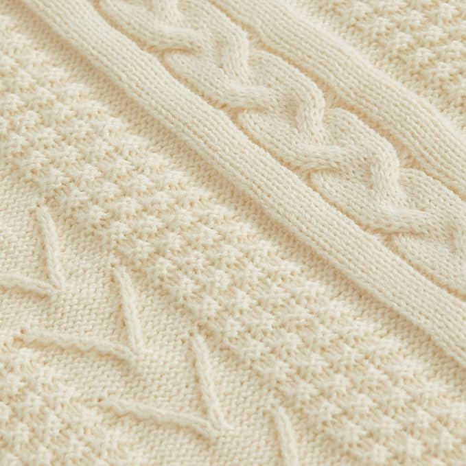 Longhui bedding Cream Acrylic Cable Knit Sherpa Throw Blanket - Thick, Soft, Big, Cozy Knitted Fleece Blankets for Couch, Sofa, Bed - Large 60 x 80 Inches Beige Coverlet All Season