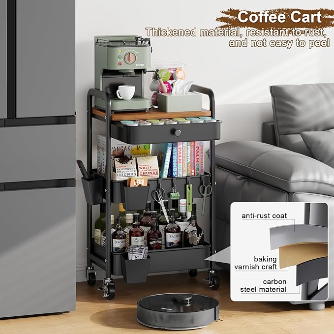 3 Tier Metal Rolling Cart with Wooden Table Top and Drawers, Black Utility Storage Cart on Wheels, Three Tiered Art Carts Organizer for Craft, Baby Diaper Caddy, Snack, Laundry, Dorm, Bedside,Bathroom