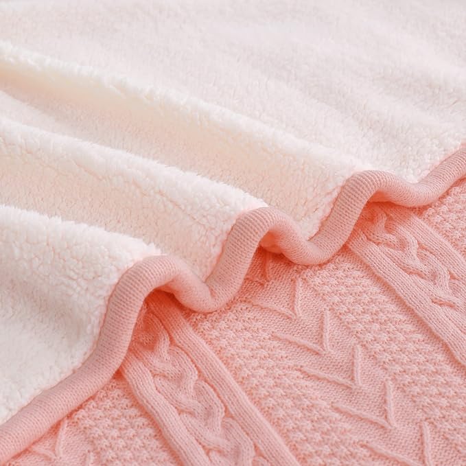 Longhui bedding Pink Acrylic Cable Knit Sherpa Throw Blanket - Thick, Soft, Big, Cozy Knitted Fleece Blankets for Couch, Sofa, Bed - 50" x 63"