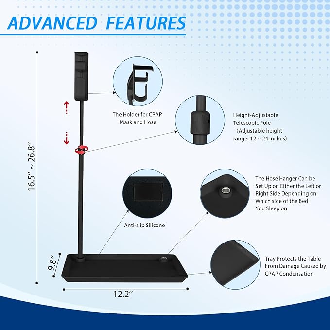 CPAP Hose Holder for Bed - (Wall-Damage-Free) Black CPAP Machine Protective Tray with Adjustable Height Hook for Hanging Mask & Accessories to Keep Bedside Tidy