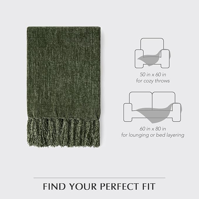 EverGrace Soft Chenille Throw Blanket for Couch, Cozy Plush Fuzzy Decorative Chenille Knit Throw Blanket with Tassels, Lightweight Blanket and Throws for Bed Sofa Gift Home Decor, Olive Green 60"x80"