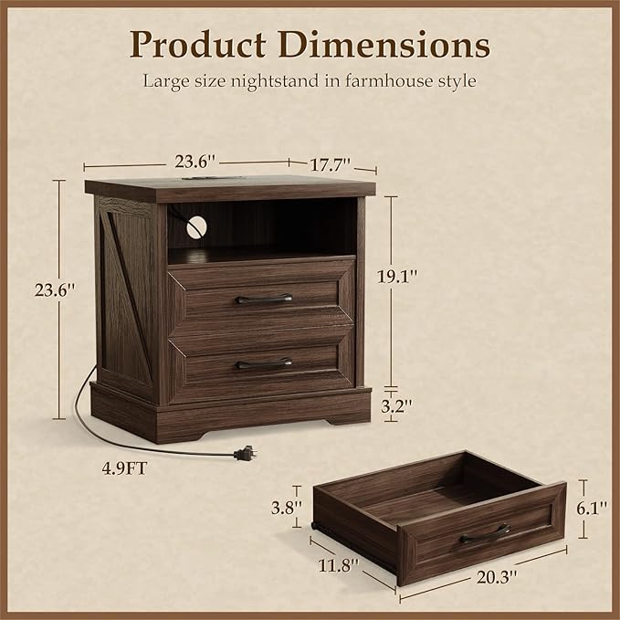 AODK 24 Inch Farmhouse Nightstand with Charging Station, Wood Bedside Table with 2 Drawers, Rustic Wood End Table with Outlet and USB for Bedroom, Dark Walnut