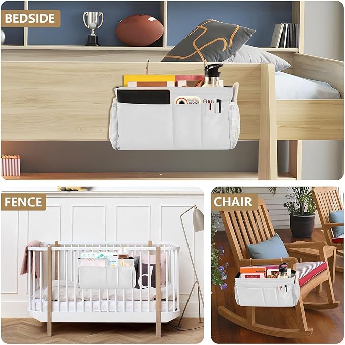 DOMIKING White Bedside Caddy for Dorm Bed Recliner Armrest Organizer with Hooks Haning Holders for Bunk Bed Rails Headboards