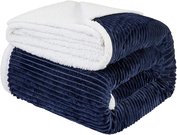 LBRO2M Striped Sherpa Fleece Bed Blanket Twin Size, Super Soft Fuzzy Plush Warm Cozy Fluffy Microfiber Couch Throw Velvet Double Reversible Luxurious Blankets (65x90),Navy Blue