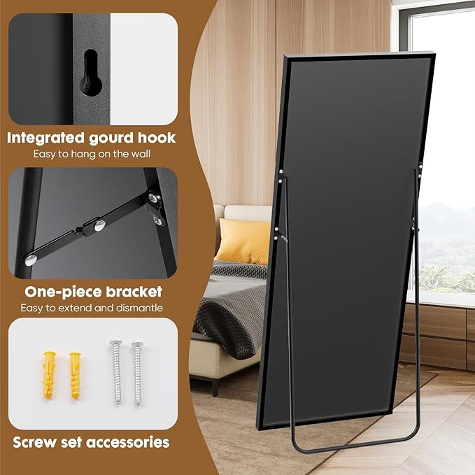 NEWBULIG Full Length Mirror 71.1"x25" for Bedroom, Full Body Mirror with Stand, Hanging or Leaning for Wall, Aluminum Alloy Thin Frame Floor Standing for Living Room, Long, Deep Black