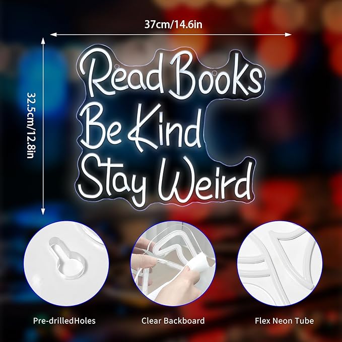 Neon Sign, Read Books Be Kind Stay Weird Neon Signs for Wall Decor White LED Neon Light Up Signs Home Decor for Study Room Bookstore Bedroom Business Club Decoration USB Operated