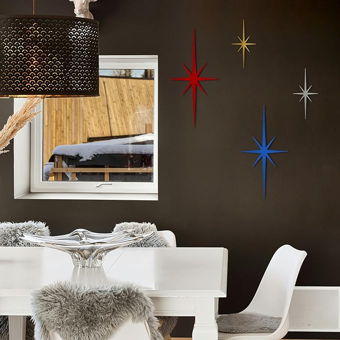 sxnzequnze 4 Pack Metal Star Wall Art 8 Pointed Starburst Wall Decor Set with 2 Large & 2 Small Pieces Mid Century Celestial Metal Wall Sculpture for Bedroom Living Room Office Gallery Wall