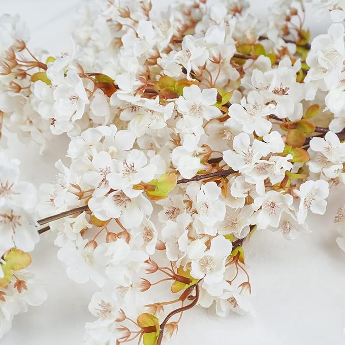 Uieke 24Pcs Silk Cherry Blossom Branches, 39.3in Artificial Cherry Blossom Tree Stems, Fake Plum Blossom Flowers Arrangement for Wedding Home Japanese Decor, White