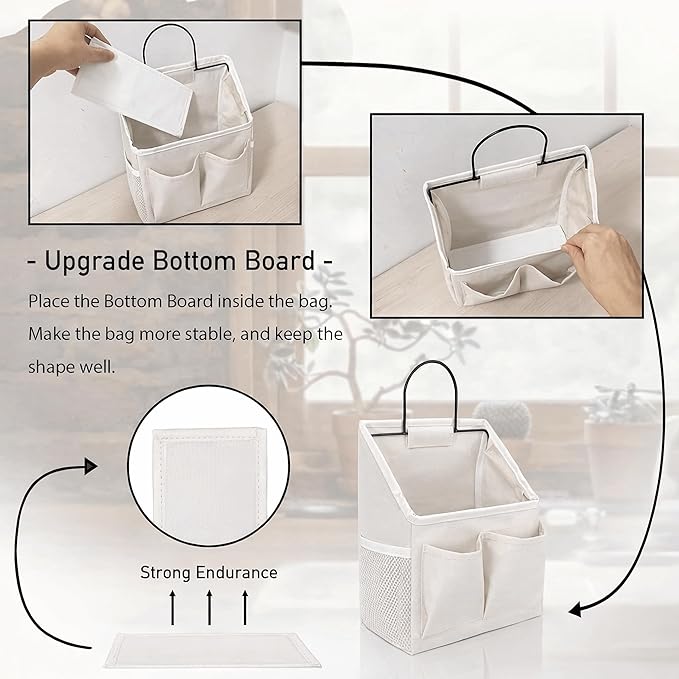 2pcs Wall Hanging Organizer Bag, Linen Fabric Door Hanging Storage Basket with Pockets, Waterproof Bin for Kitchen, Bedroom, Office, RV Camper (White-Upgraded)