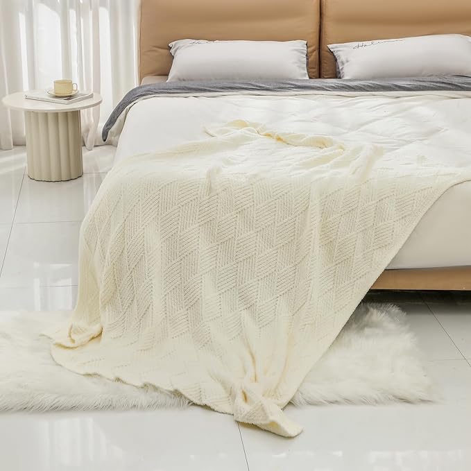 bearberry Super Soft & Fuzzy Minky Throw Blanket Lightweight All-Season - Diamond Stitch Plush Fleece for Couch, Bed, Sofa | Machine Washable Cozy Gift for Women, Men, Home(Cream, 50”x60”)