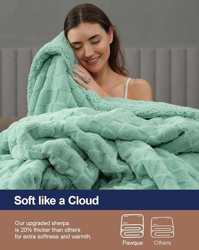 Pawque Super Soft Cozy Throw Blanket for Couch Bed - Fluffy Sherpa Fleece Reversible Thick Warm Fuzzy Blanket for All-Season, 3D Checkered Jacquard Elegant Decorative Blankets, Sage Green, 50" x 60"