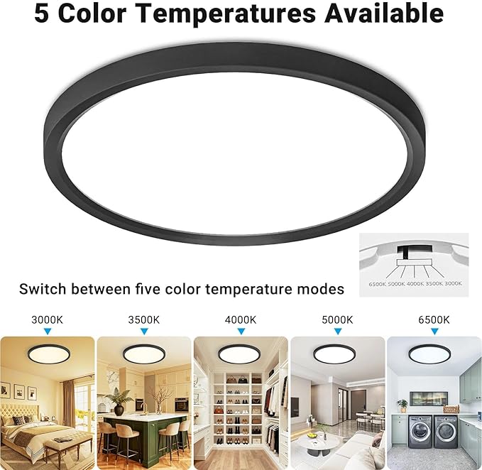 6 Pack LED Flush Mount Ceiling Light,12Inch 24W,3000K/3500K/4000K/5000K/6500K 5 Color Temperatures Ceiling Light Fixture for Kitchen Porch Hallway Bedroom Bathroom and Closet,Black
