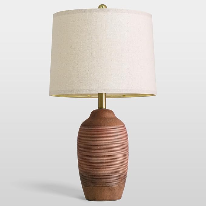 24.5" Reddish-Brown Handcrafted Ceramic Table Lamp with 5FT Cord,Single Farmhouse Vintage Rustic Lamp with Linen Drum Shade, Earth Tone Bedside Lamp for Bedroom Living Room Entryway,Bulb Not Included
