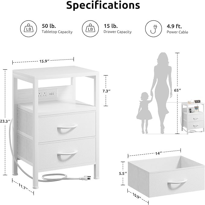 NightStand Bedside Charging Table Bedroom - Night Stand with Charger Station, White Modern Bed Side End Table with Open Shelf & 2 Fabric Drawers, USB-C Port & AC Outlets for Dorm, Living Room