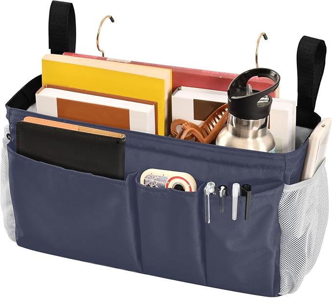DOMIKING Navy Blue Bedside Caddy for Dorm Bed Recliner Armrest Organizer with Hooks Haning Storage Bag for Bunk Bed Rails Headboards