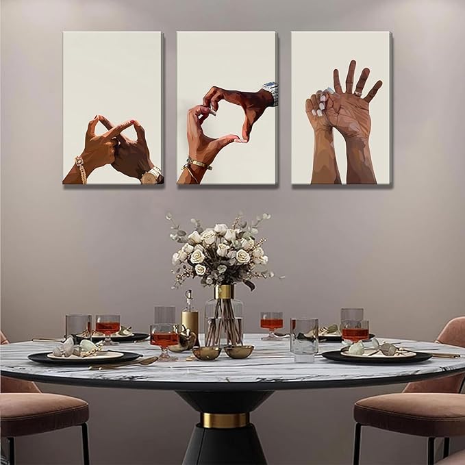 3Pcs Black Couple Canvas Wall Art Holding Hands Heart Love Wall Decor Afro Women Men Poster Prints for Living Room Bedroom Bathroom Decorations (16x24in Canvas)