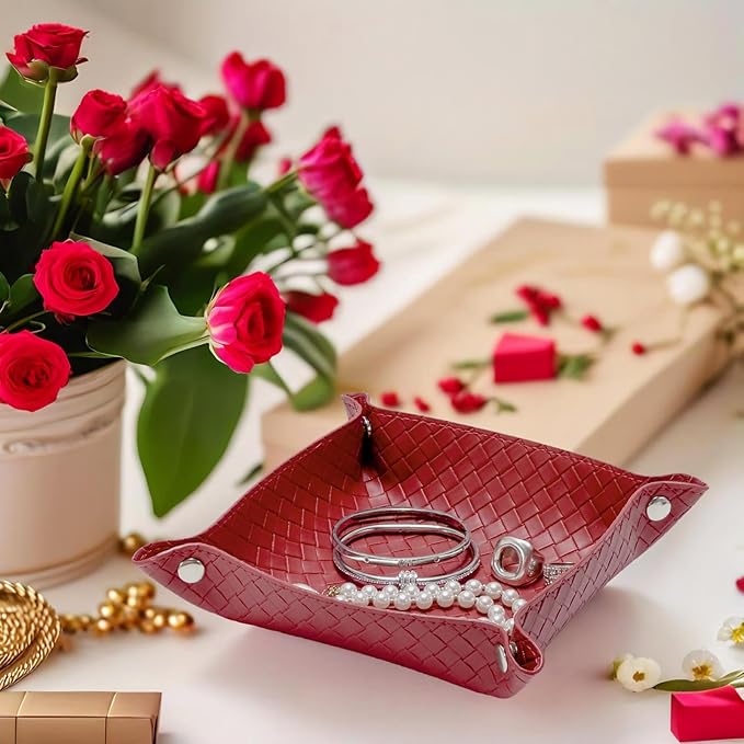 UnionBasic Small Valet Tray, Jewelry Tray for Rings Watches Earrings, Entryway Catchall Caddy for Coins Keys Change, Nightstand Bedside Valet Holder, Trays for Electronic Gadgets, Woven Red