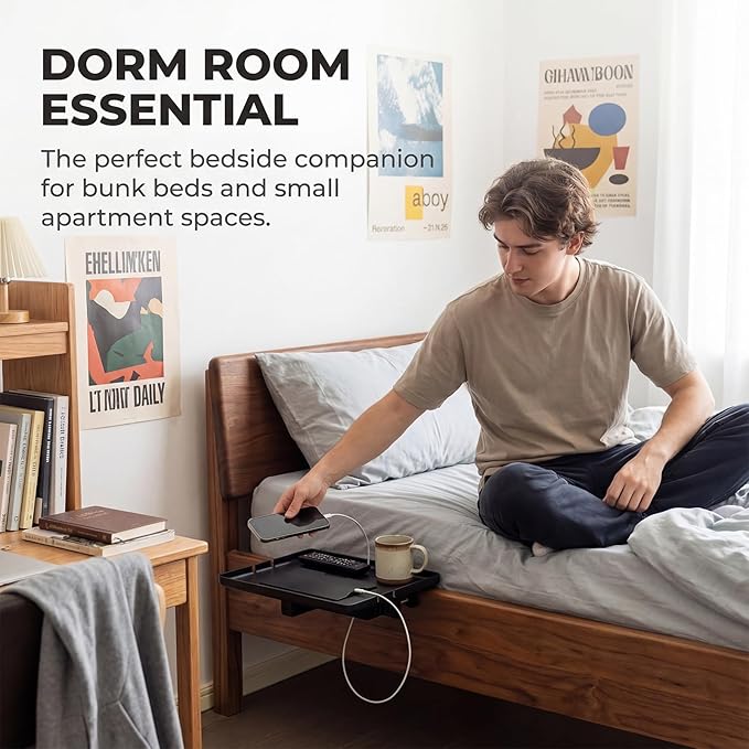 Bedside Shelf for Bunk Bed & College Dorm, Clamp-on Bed Shelfie with Hidden Storage Box & Cable Management, Large Bedside Tray for Rails up to 2.9", Space Saving Floating Nightstand, Black