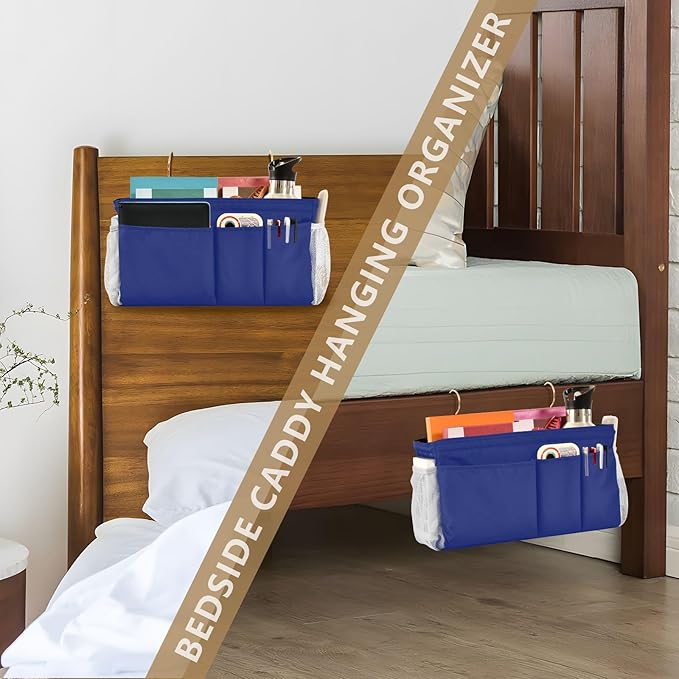 DOMIKING Blue Bedside Caddy for Dorm Bed Recliner Armrest Organizer with Hooks Haning Storage Bags for Headboards Rails Bunk Bed
