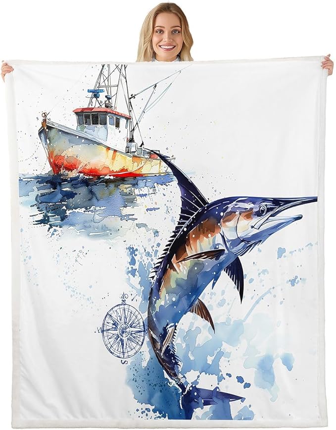 Erosebridal Marlin Swordfish Throw - Tie Dye Fleece Nautical Compass Sherpa Blanket - Fishing Theme Fuzzy - 40"x50" Blue Brown White