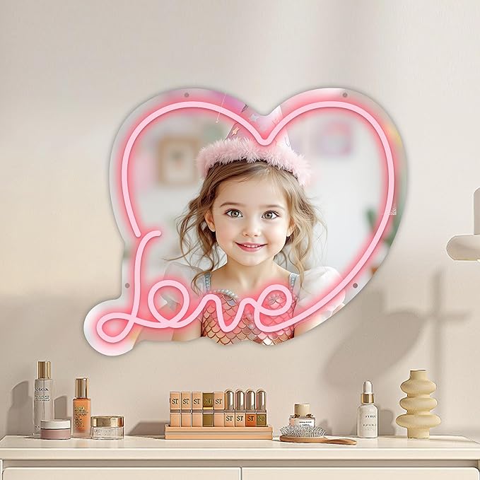 Anime Love Neon Mirror, Cute Makeup Mirror with Led Light, Dimmable Neon Sign for Teen Girls, Decor for Girls Room