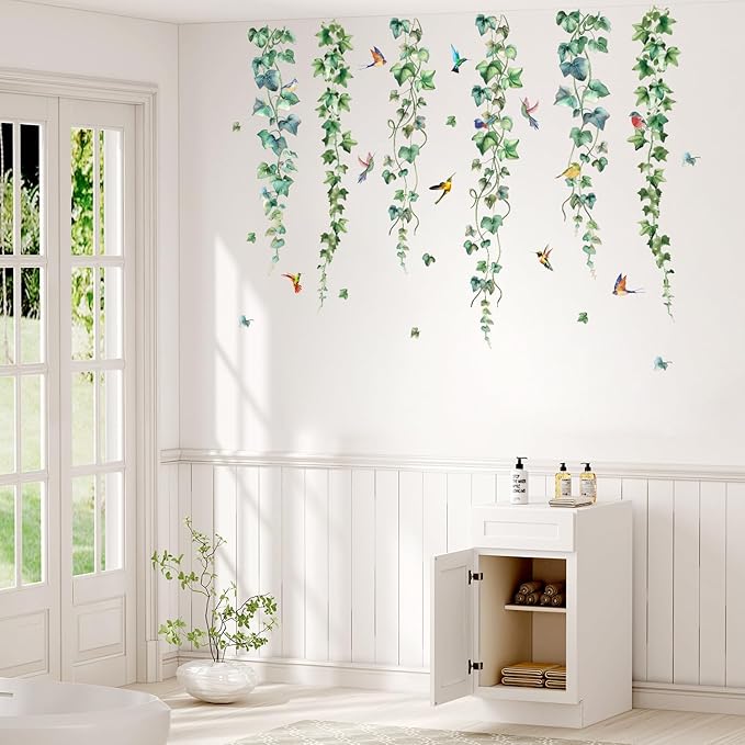 HLNIUC Nature Themed Wall Decal 35PCS Vine and Bird Self Stick Room Sticker Colourful Humming Bird Sticky Wall Decals Spring Day Wall Stickers Peel and Stick Natural Art Decal for Living Room