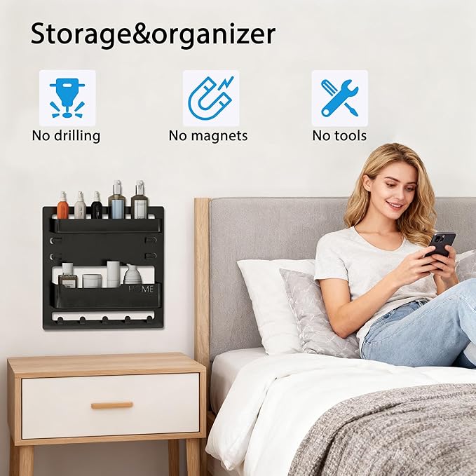 Bedside Wall Shelf Organizer – Black Floating Wall Shelf with Adhesive Mount, Space-Saving Bedside Organizer for Dorm Room & Bedroom Storage – Modern Room Decor for College Girls & Teens (Black)