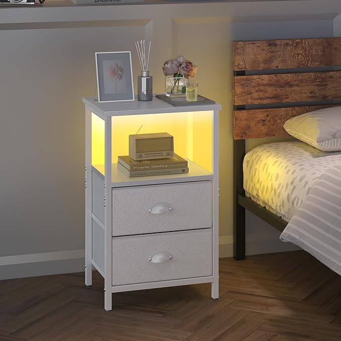 Nightstand with Charging Station, LED Night Stand Set 2, Bedside Table End Tables Set of 2, Bedroom Tables with 2 Fabric Drawers PU Finish, 3-Tier Storage Side Table for Bedroom,White