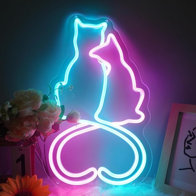 Two Cat Neon Signs for Wall Decor, Love Cat Neon Lights Signs for Room Decor, Cute Led Light Up Sign with USB Powered for Girls, Bedroom, Home Decoration