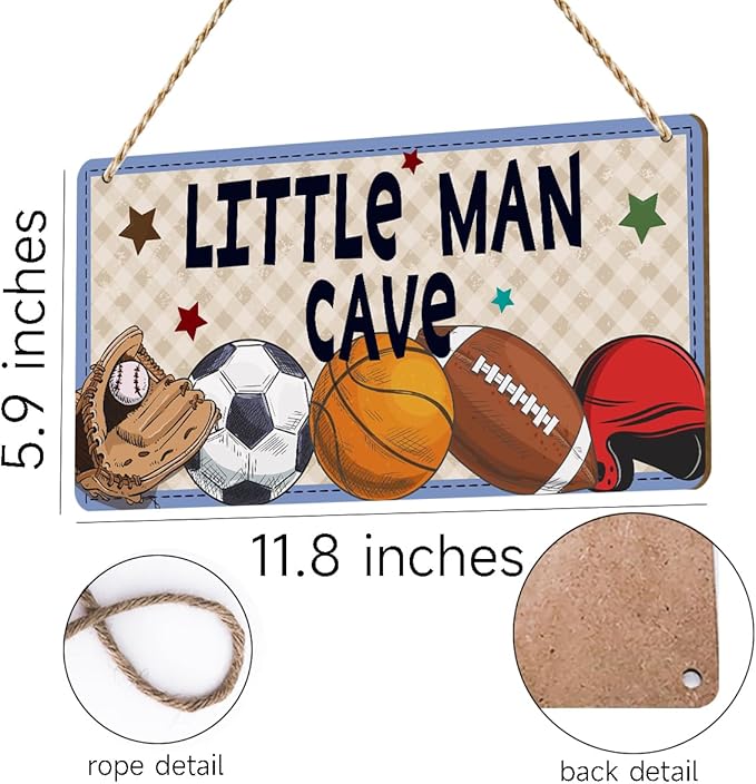 Boys Sports Little Man Cave Sign Boys Room Decor Soccer Basketball Baseball Football Wall Decor Wooden Hanging Plaque Wood Sign Home Bathroom Living Room Farmhouse Playroom Bedroom Nursery Decor