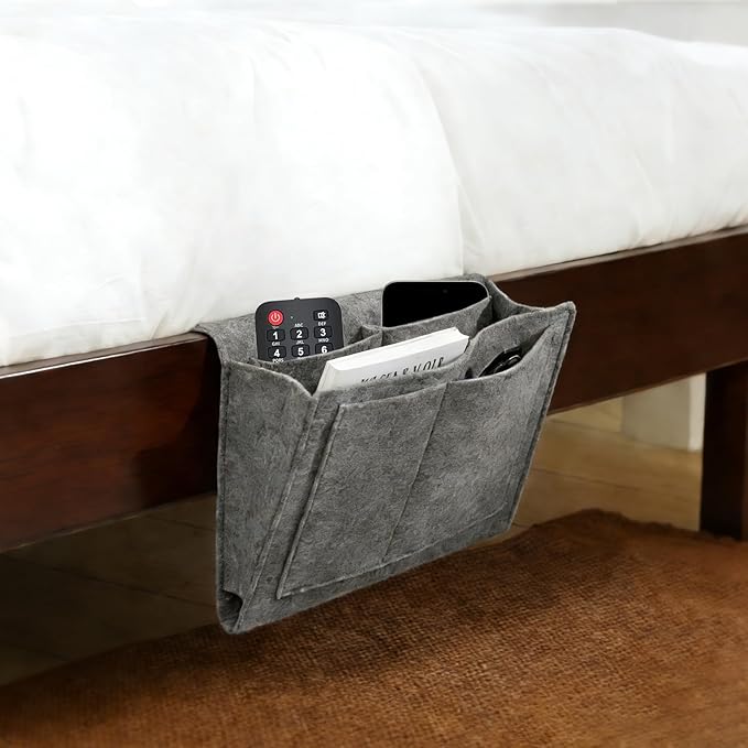 2Pcs Bedside Pocket Storage Holder, Felt Hanging Bed Caddy Organiser Bag, Sofa Bunk Beds Organizer for Mobile Phone, iPad, Remote Control, Books, Glasses, Magazine (Gray and Beige)