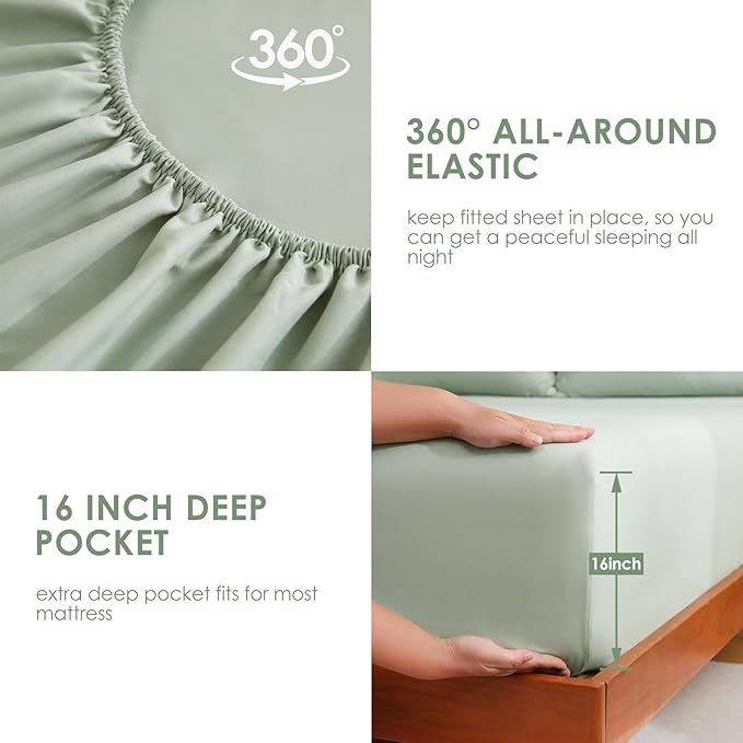 JSD Sage Green King Sheet Set with Side Pocket Corner Straps, 4 Piece Soft Microfiber Bed Sheets Extra Deep Pocket