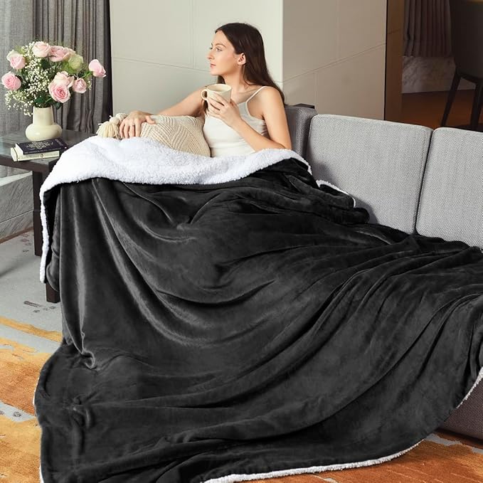 KAWAHOME Sherpa Fleece King Size Blanket for Bed - Extra Warm and Heavy Thick Blankets for Winter, Super Soft 500GSM Plush Blanket, 108" X 90" Dark Grey