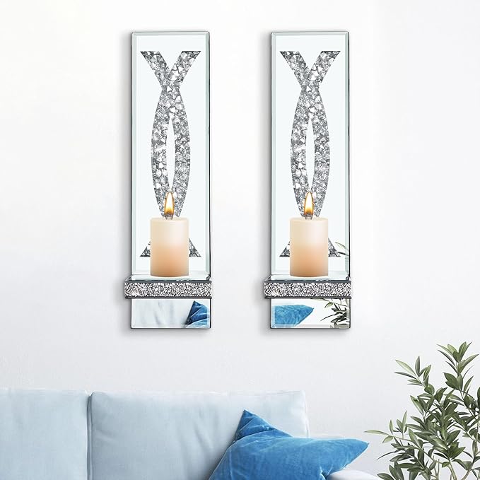 Crystal Crushed Diamond Mirrored Candle Sconces Set of 2 Silver Glass Wall Candle Holder Bling Wall Decorations for Home Decor Living Room Dining Room Bedroom