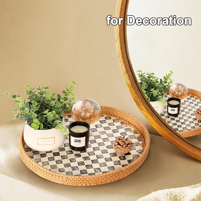 Round Rattan Tray with Mother of Pearl Inlay, Rattan Serving Tray for Coffee, Bread, Fruits, Decorative Wicker Tray for Table Decor, Home Decor, Kitchen Island Decor(Black Checkerboard, 11.8")