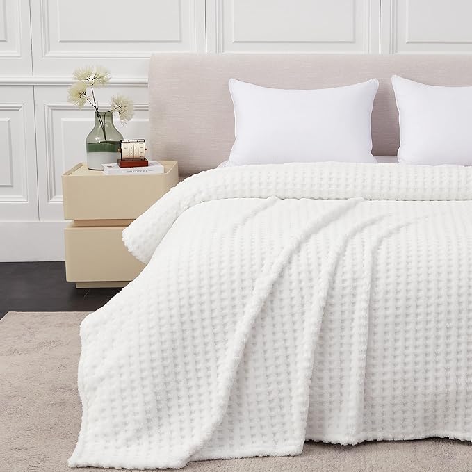 Soft Cozy Fuzzy Fleece Queen Size Blanket, Waffle Ivory White, 90x90 Inches – Lightweight, Fluffy, and Warm 3D Jacquard All-Season Blanket for Bed, Couch, Sofa, Camping, and Travel